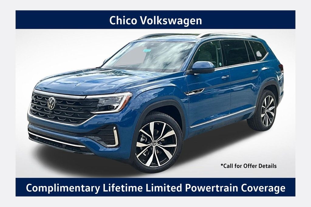 2026 Volkswagen Atlas 2.0T SEL Premium R-Line in Mountain Lake Blue Metallic — front three-quarter view